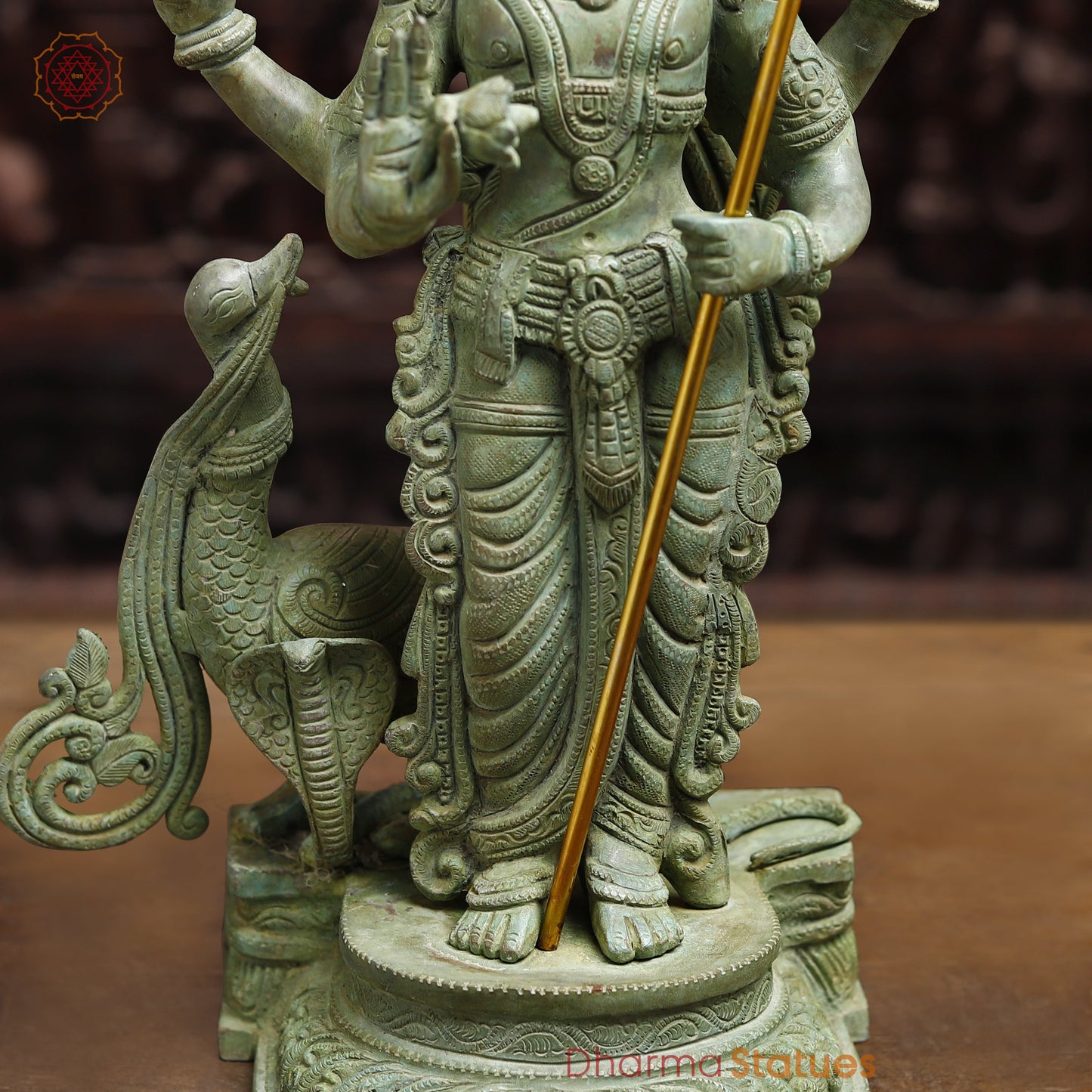 Brass Murugan with Peacock and Cobra, Antique Green Finish, 21"