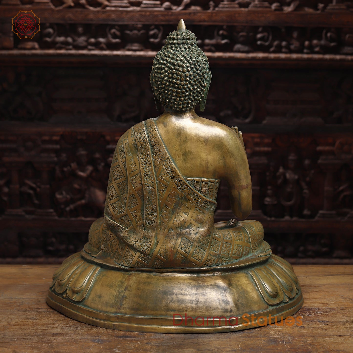 Brass Buddha seated in Blessing Posture, Golden & Green Patina Finish, 29"
