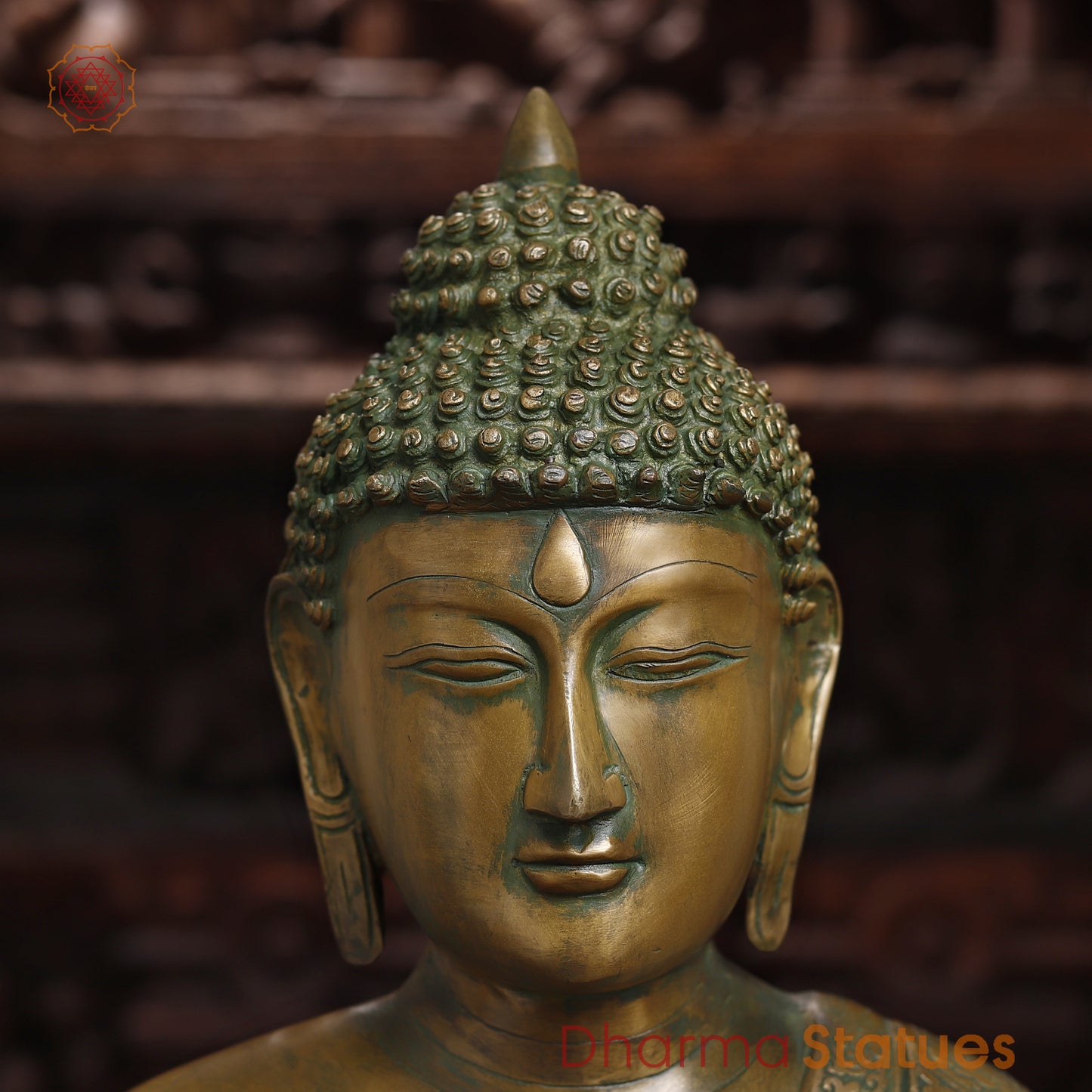 Brass Buddha seated in Blessing Posture, Golden & Green Patina Finish, 29"