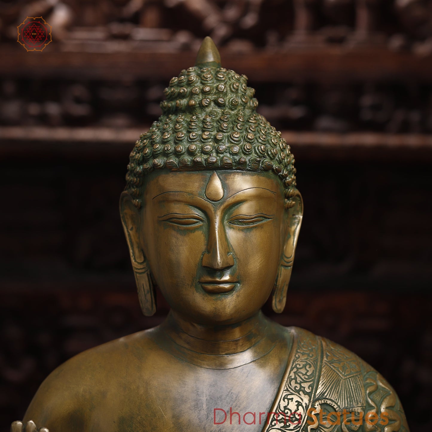 Brass Buddha seated in Blessing Posture, Golden & Green Patina Finish, 29"