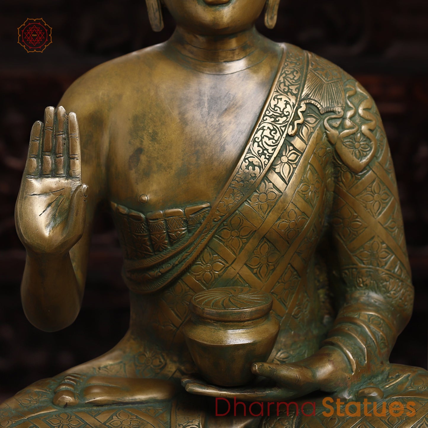 Brass Buddha seated in Blessing Posture, Golden & Green Patina Finish, 29"