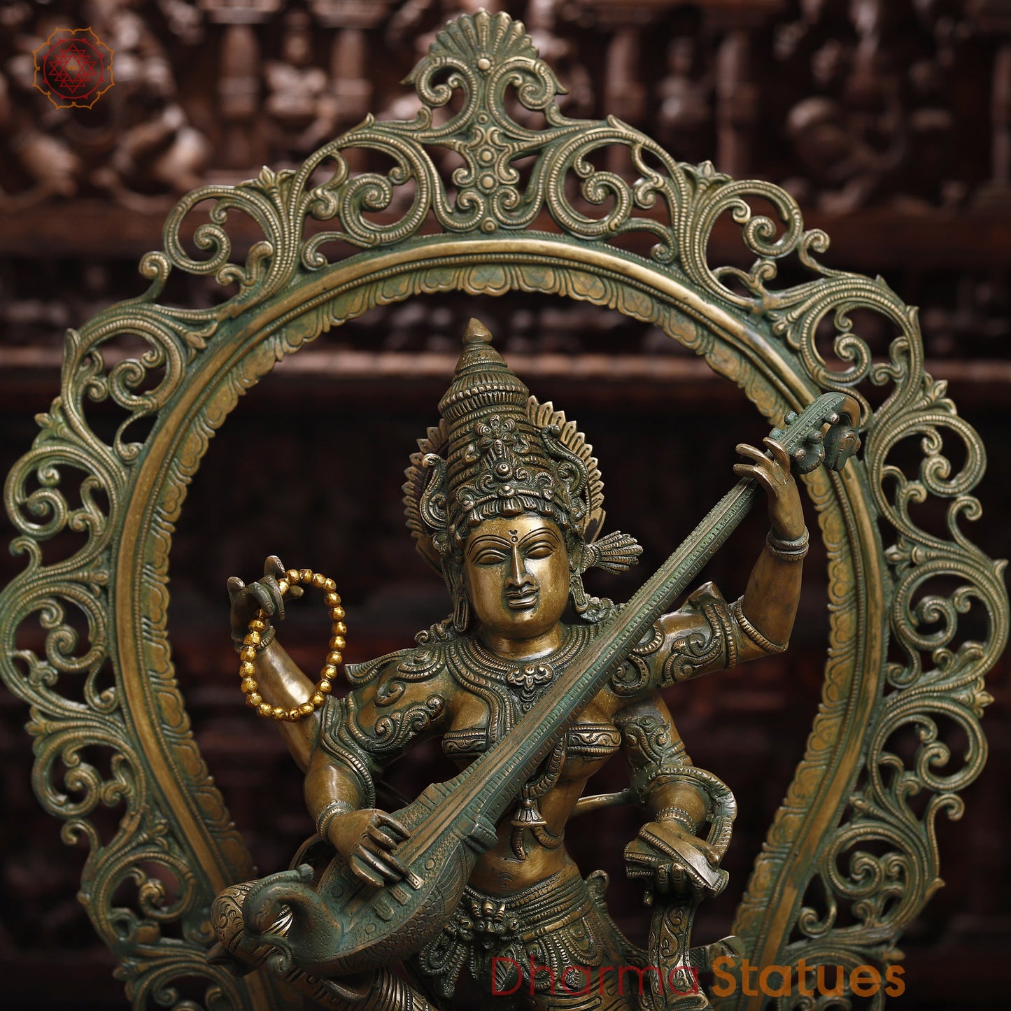 Brass Saraswati with Frame, Antique Golden & Green Finish, 32"