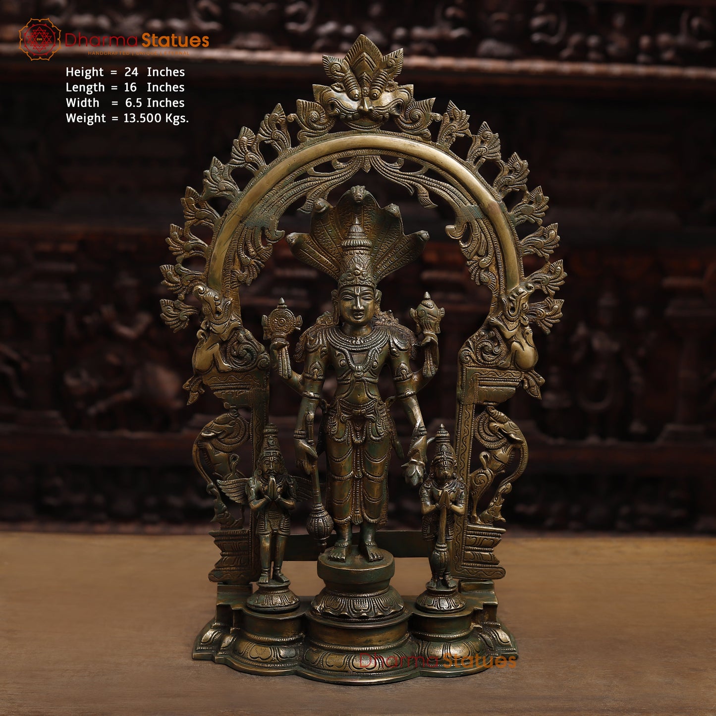 Brass Vishnu with Garuda and Hanuman, Antique Gold & Green Finish, 24"