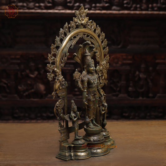 Brass Vishnu with Garuda and Hanuman, Antique Gold & Green Finish, 24"