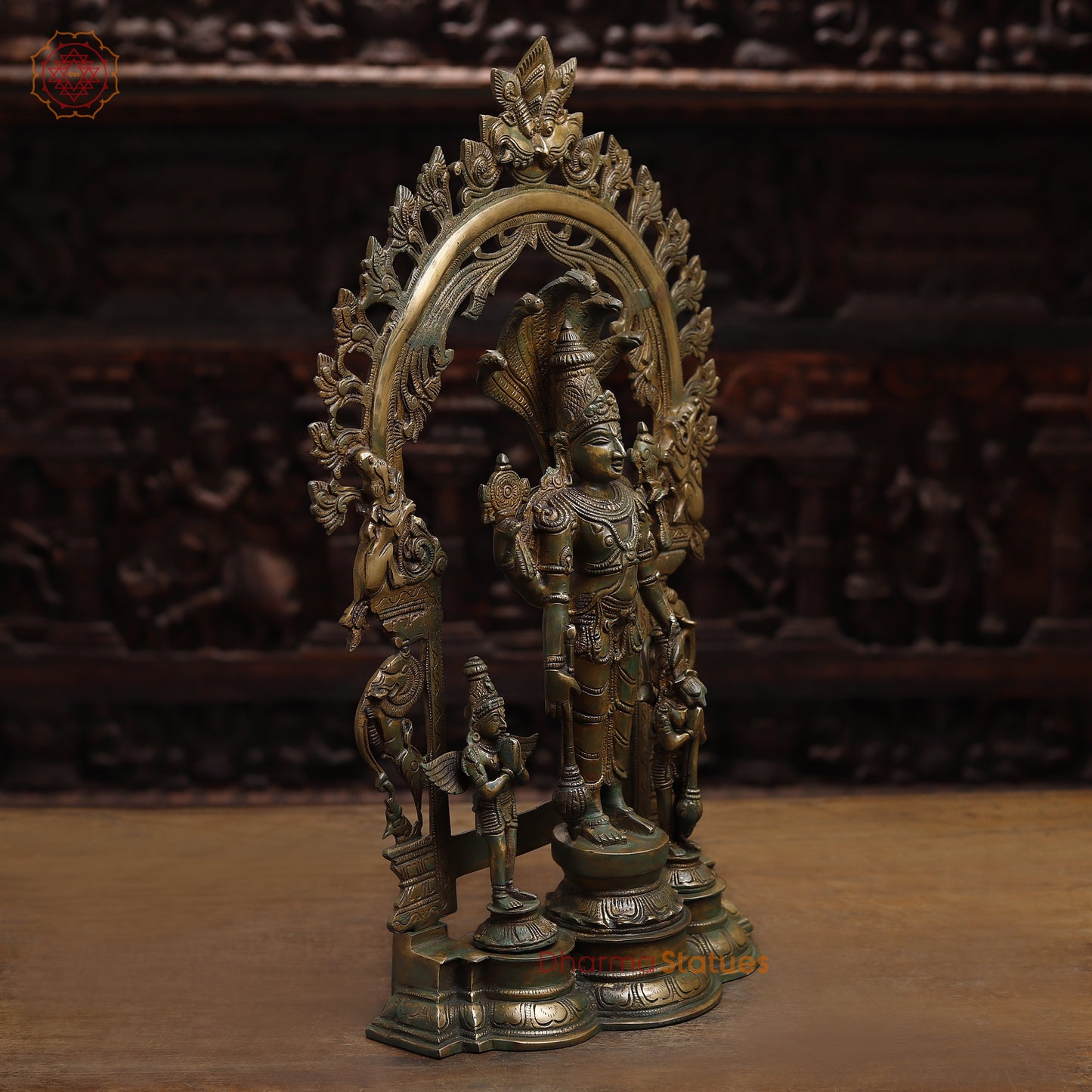 Brass Vishnu with Garuda and Hanuman, Antique Gold & Green Finish, 24"