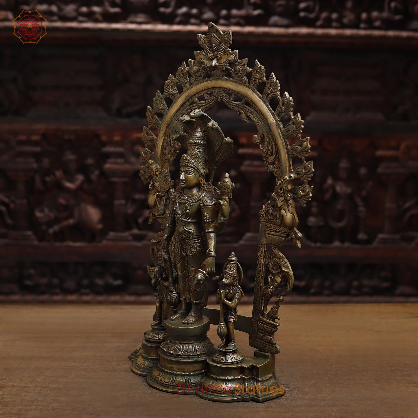 Brass Vishnu with Garuda and Hanuman, Antique Gold & Green Finish, 24"