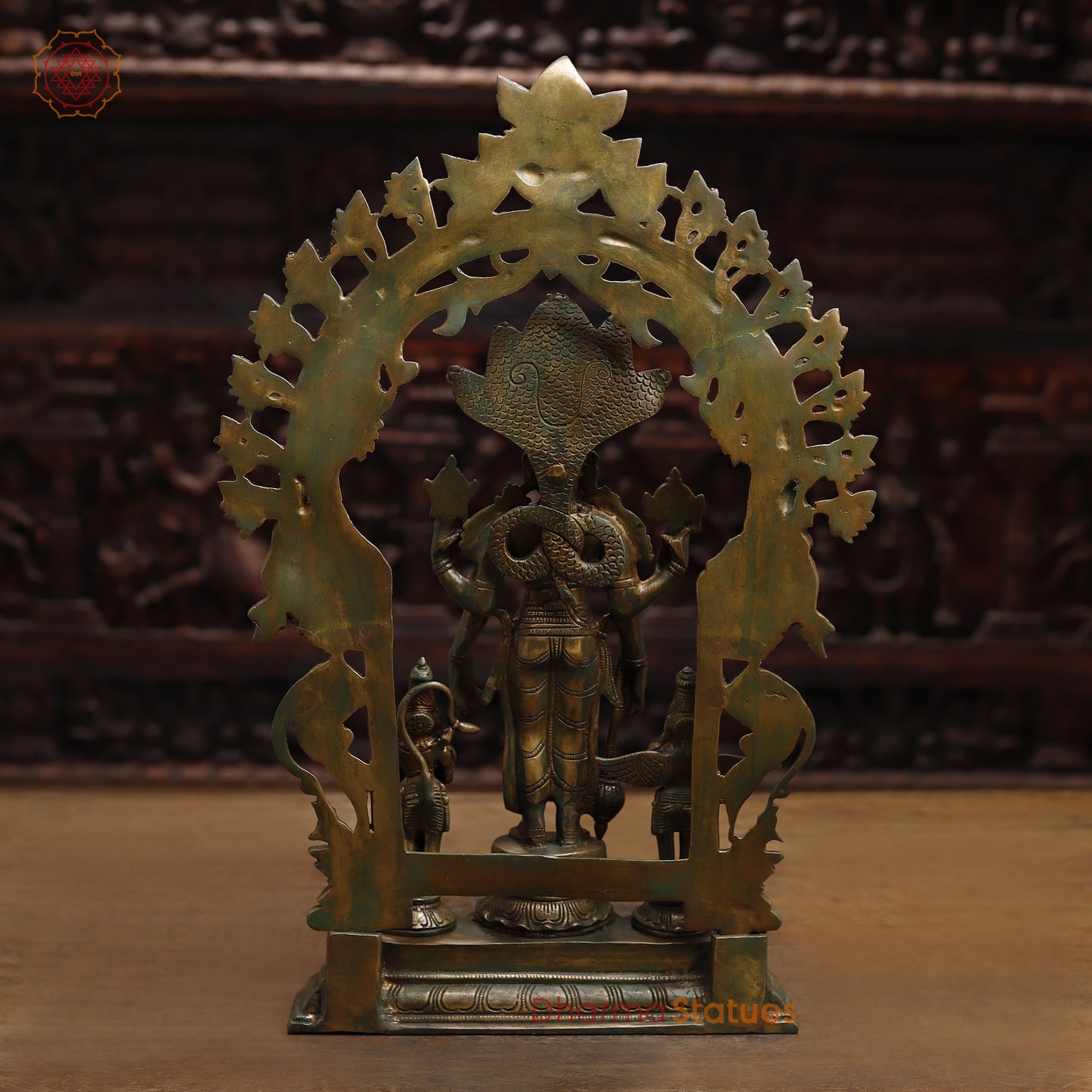 Brass Vishnu with Garuda and Hanuman, Antique Gold & Green Finish, 24"