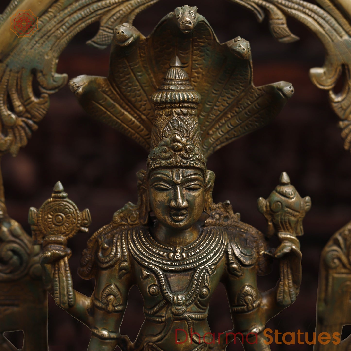 Brass Vishnu with Garuda and Hanuman, Antique Gold & Green Finish, 24"