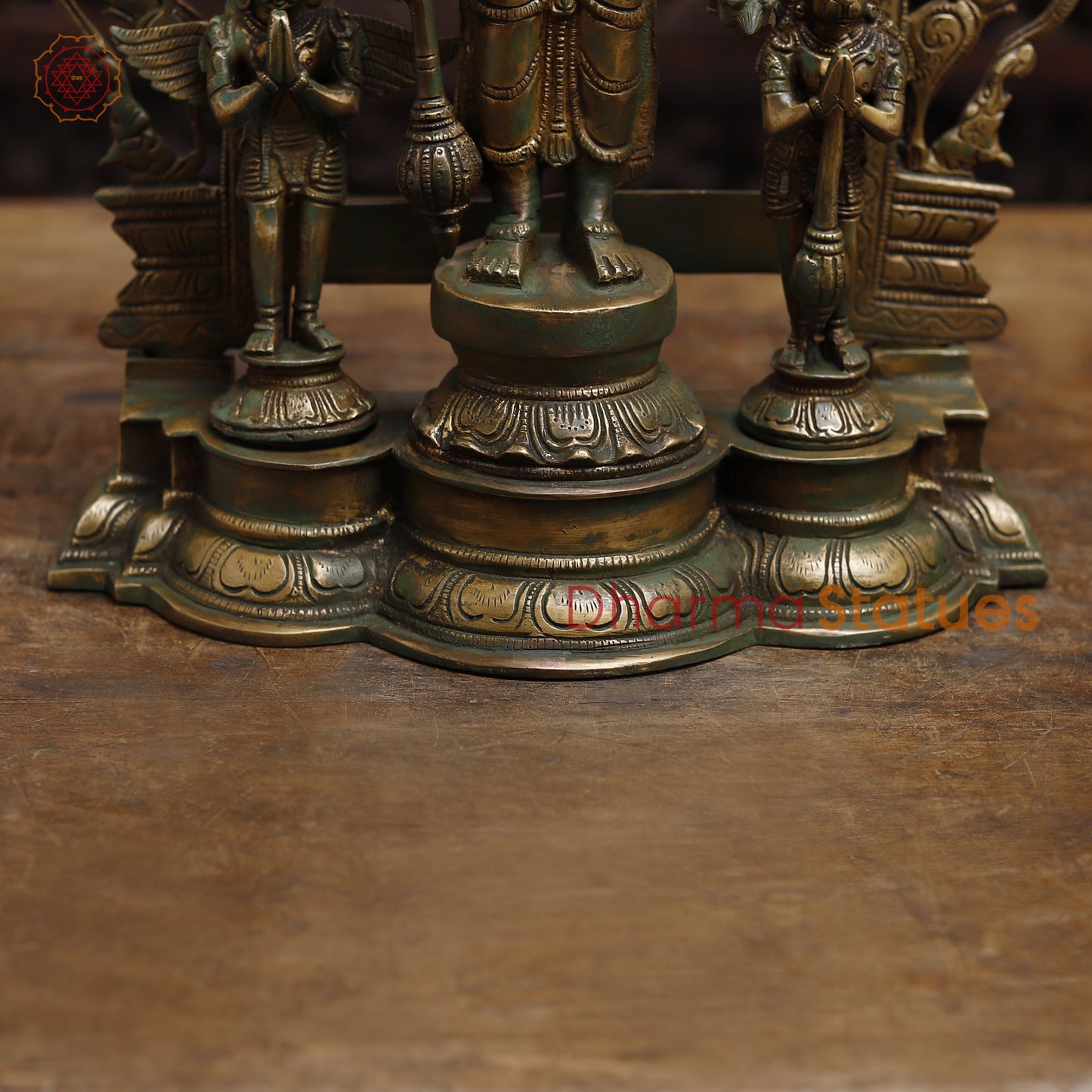 Brass Vishnu with Garuda and Hanuman, Antique Gold & Green Finish, 24"