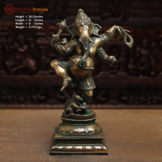 Brass Dancing Ganesh, Antique Green Finish, 18.5"