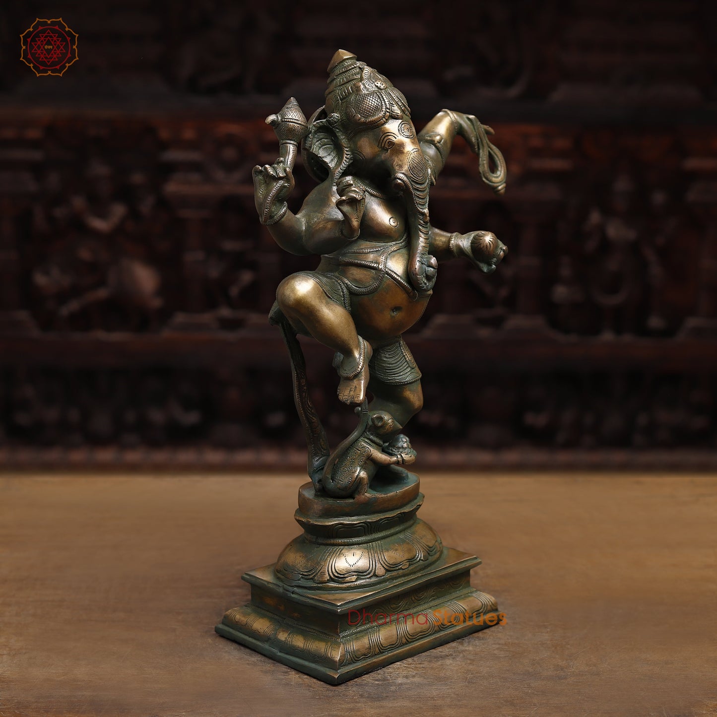 Brass Dancing Ganesh, Antique Green Finish, 18.5"