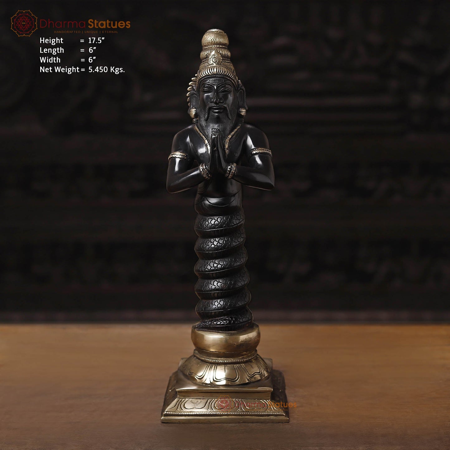 Brass Nag Devta, Black Patina & Golden Finish, 17.5"