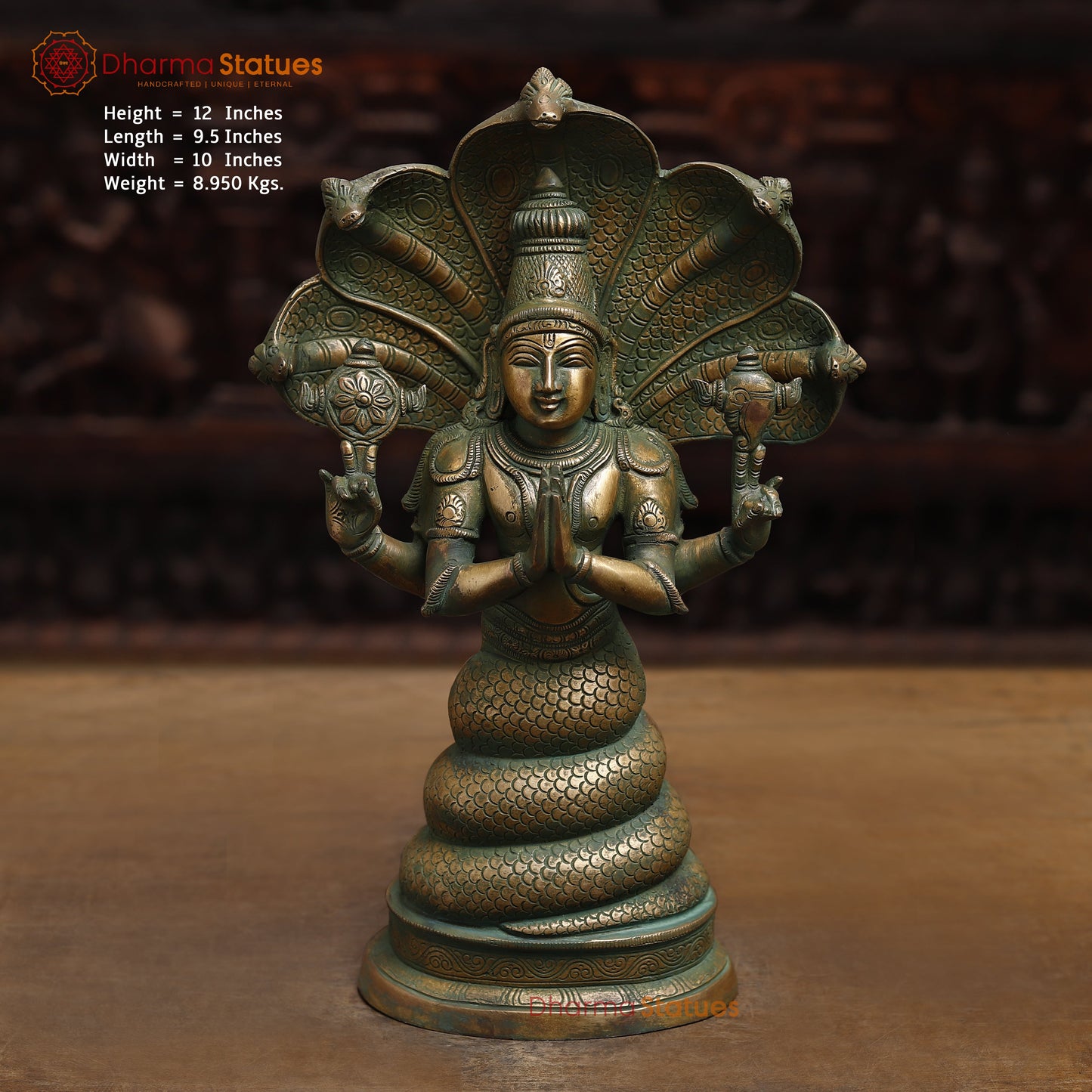 Brass Patanjali Statue, Antique Golden & Green Finish, 12"