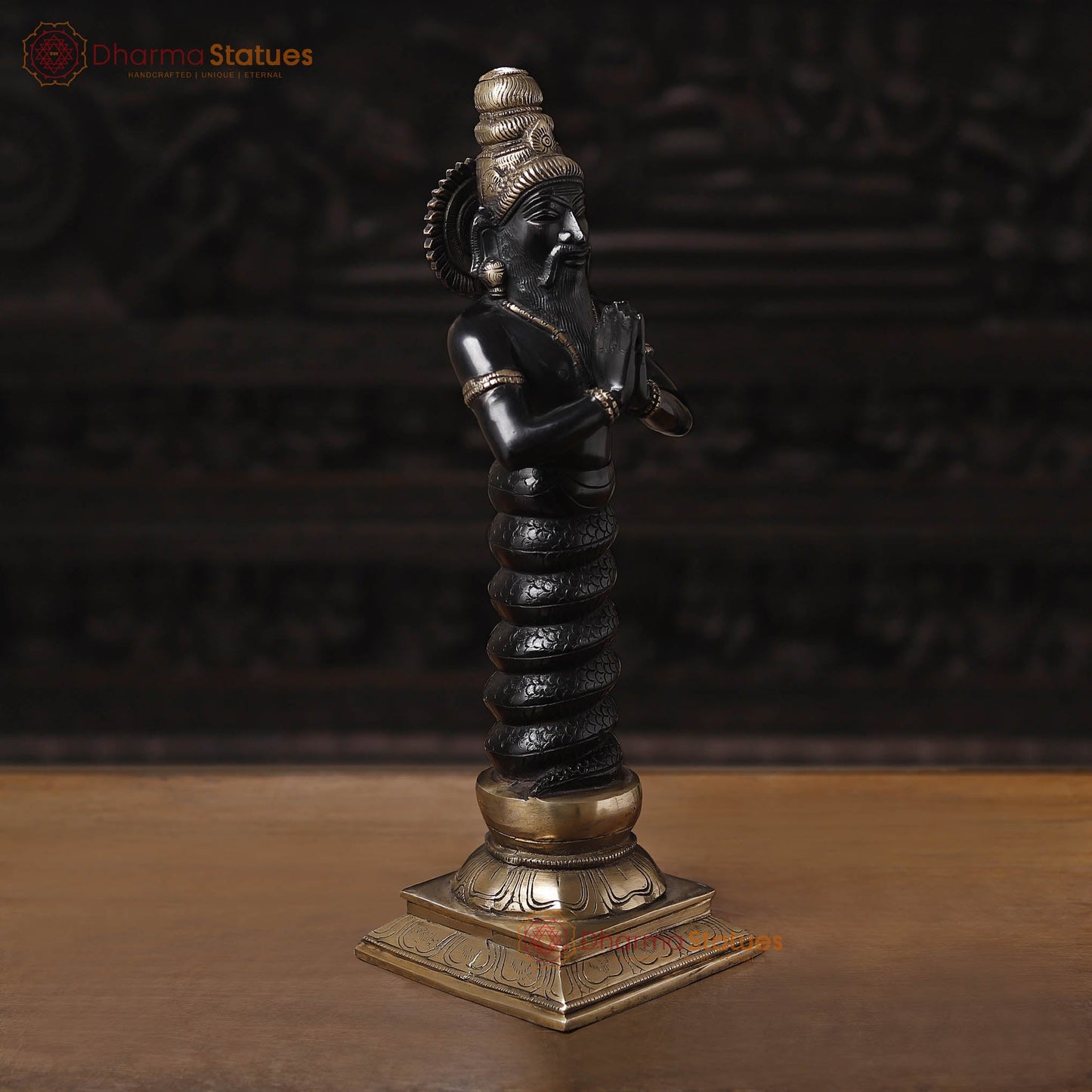 Brass Nag Devta, Black Patina & Golden Finish, 17.5"