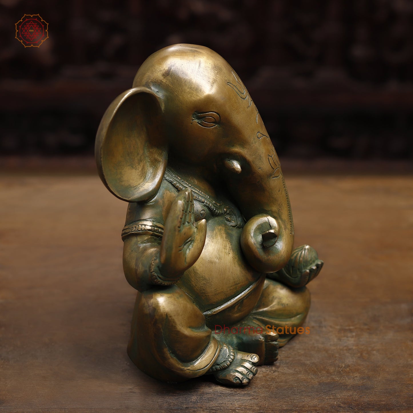 Brass Ganesh seated in Blessing Posture, Antique Golden & Green Finish, 10"
