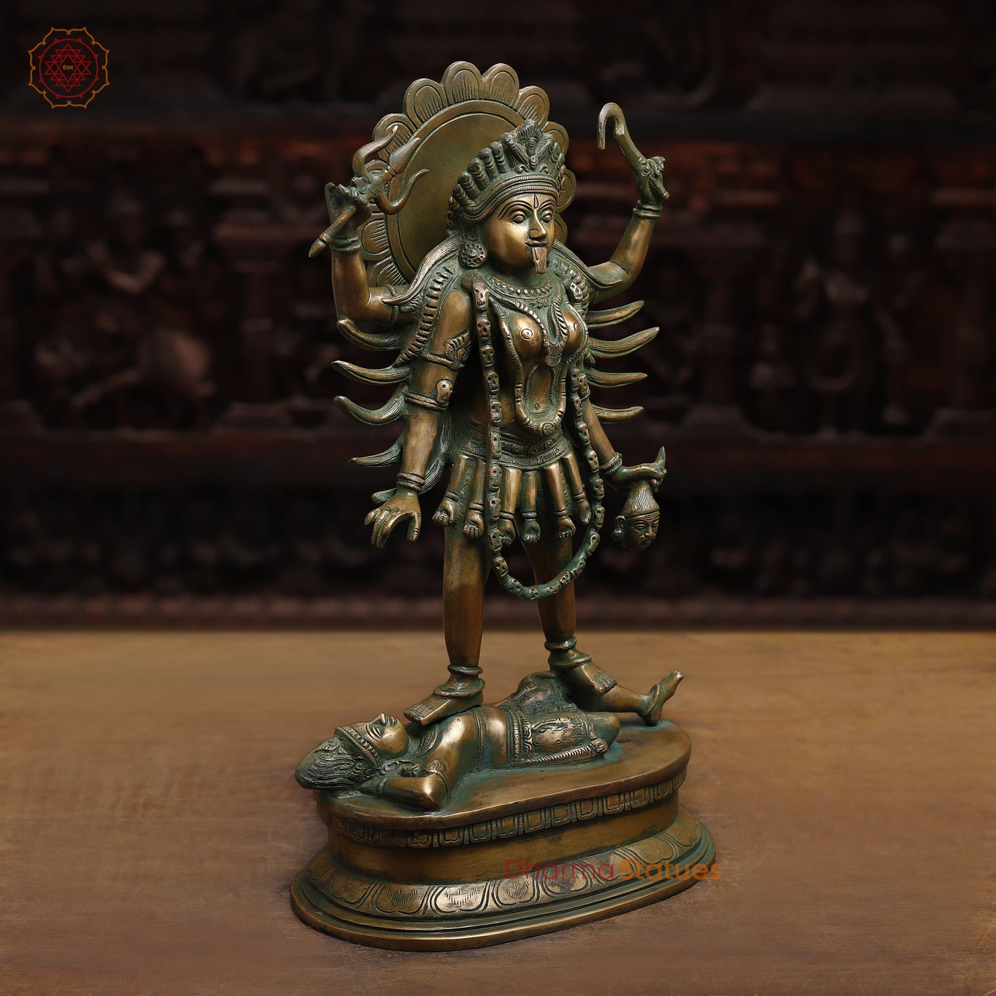 Brass Kali with 4-Arms, Antique Golden & Green Finish, 18.5"