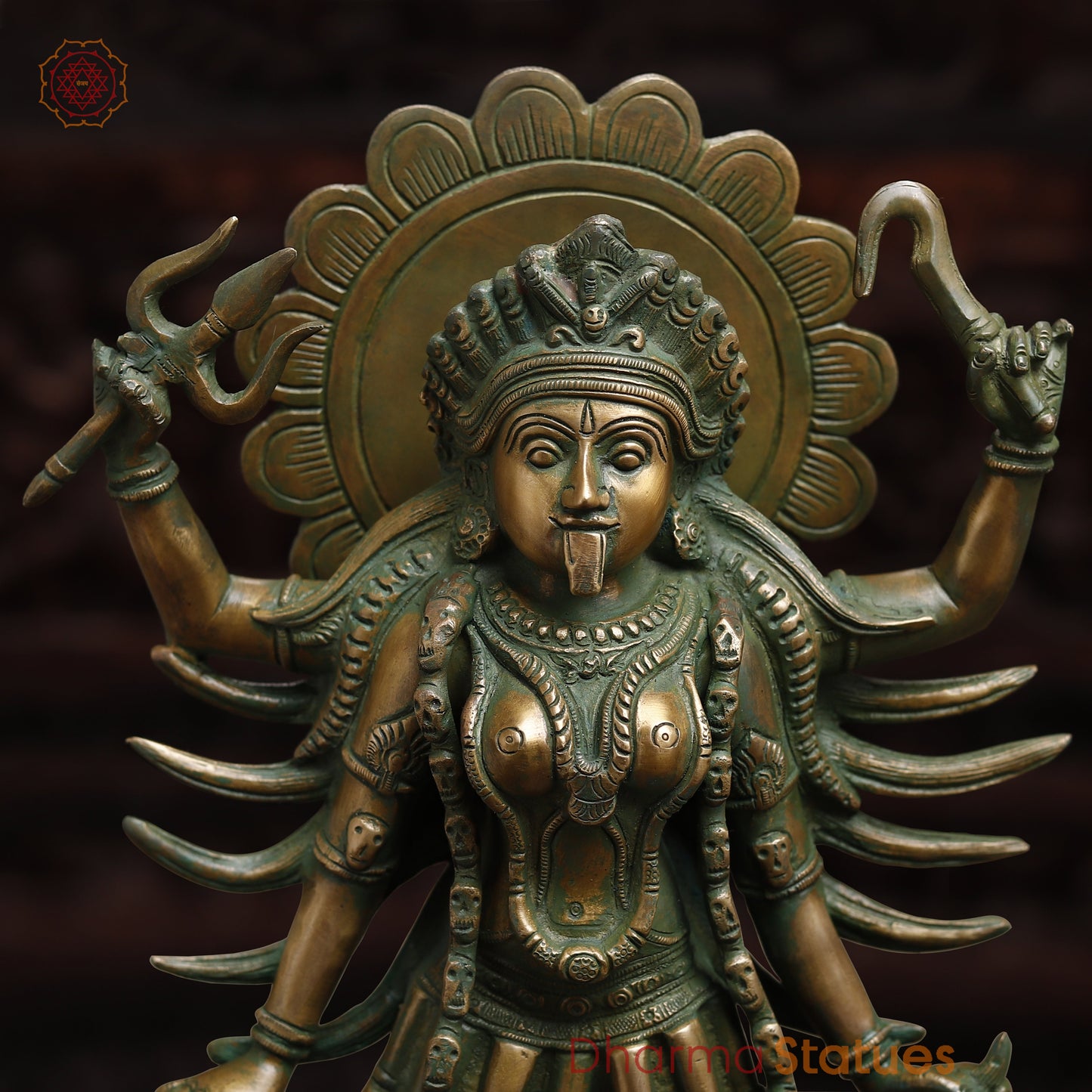 Brass Kali with 4-Arms, Antique Golden & Green Finish, 18.5"