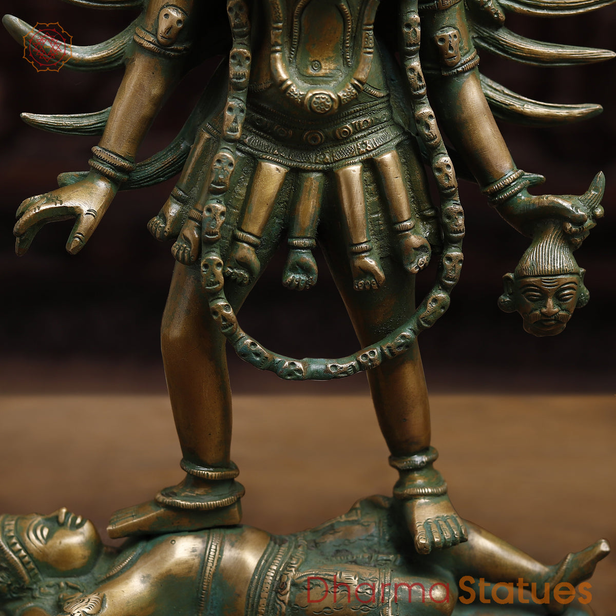 Brass Kali with 4-Arms, Antique Golden & Green Finish, 18.5"