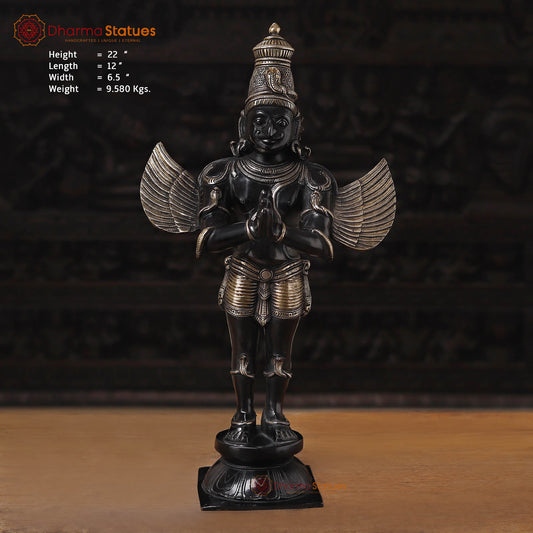 Brass Garuda Standing On Pedestal, Black Gold Finish 22"