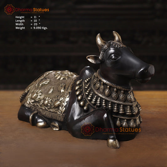 Brass Nandi Idol Seated, The Sacred Bull of Lord Shiva, Black Patina Finish with Golden Hues, 11"