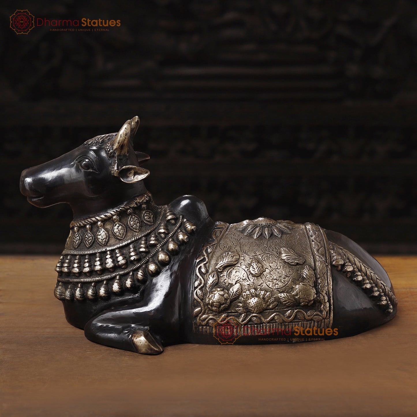 Brass Nandi Idol Seated, The Sacred Bull of Lord Shiva, Black Patina Finish with Golden Hues, 11"