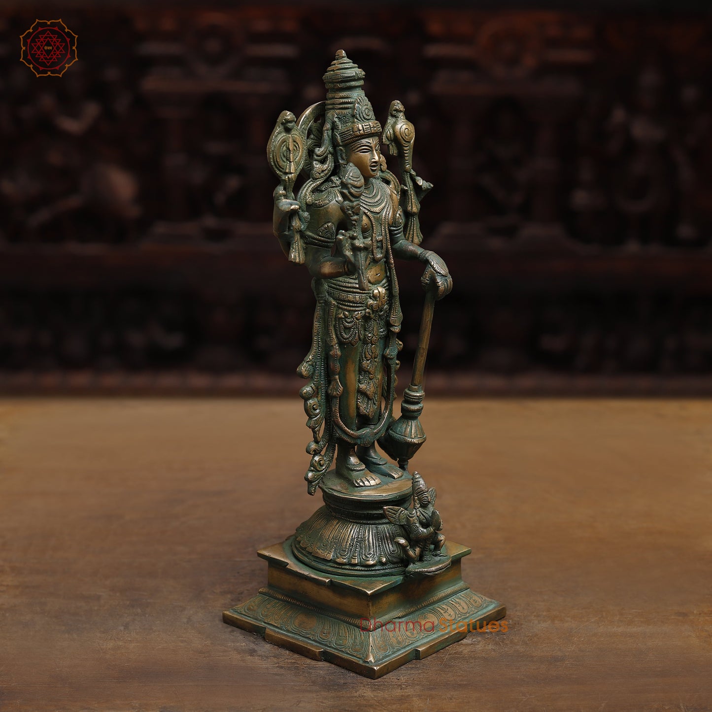 Brass Vishnu with Garuda & Lakshmi, Antique Golden & Green Finish, 15"