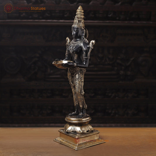 Brass Deep Lakshmi Idol- Standing on a Base, Holding a Diya(Lamp) 32"