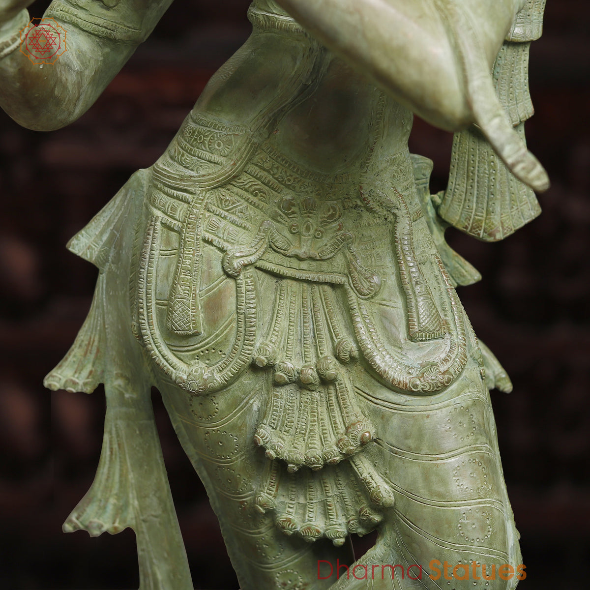 Brass Krishna Playing Flute, Antique Green Finish, 32"