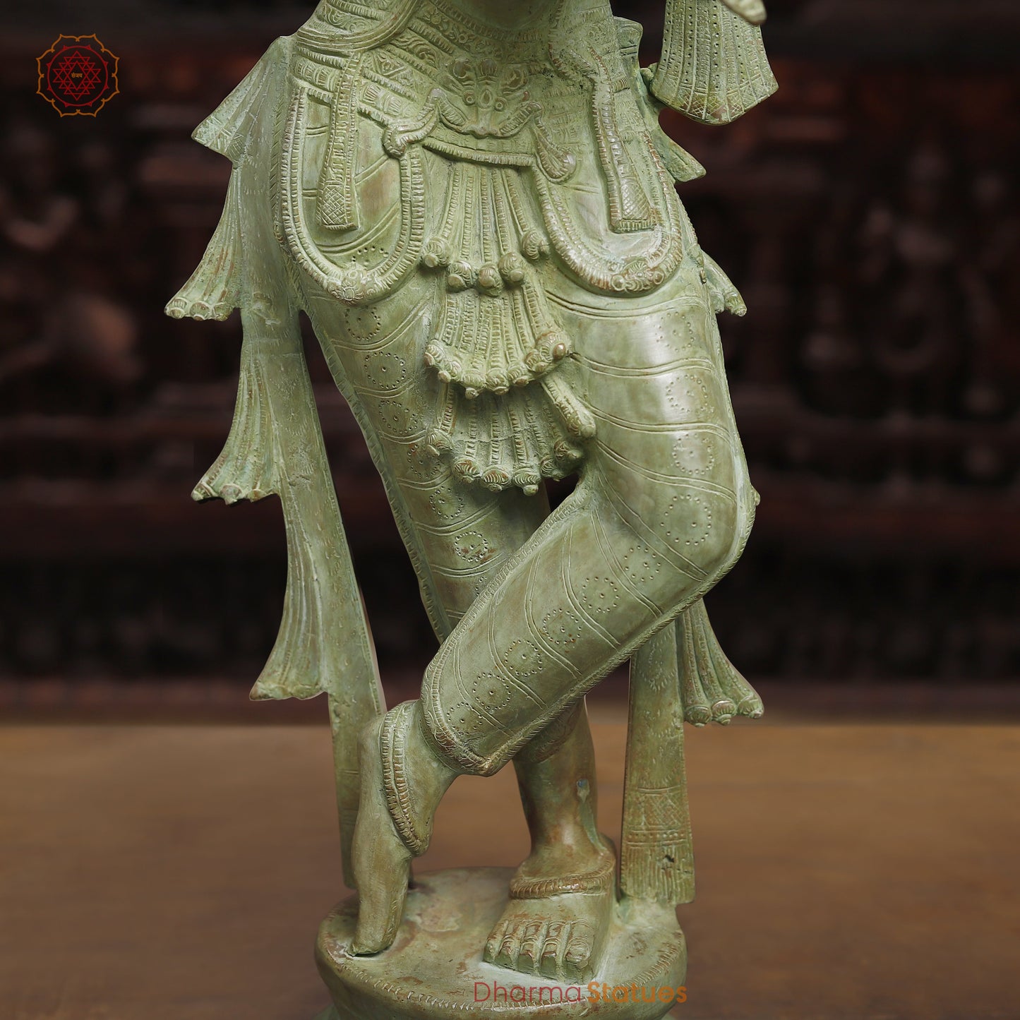 Brass Krishna Playing Flute, Antique Green Finish, 32"