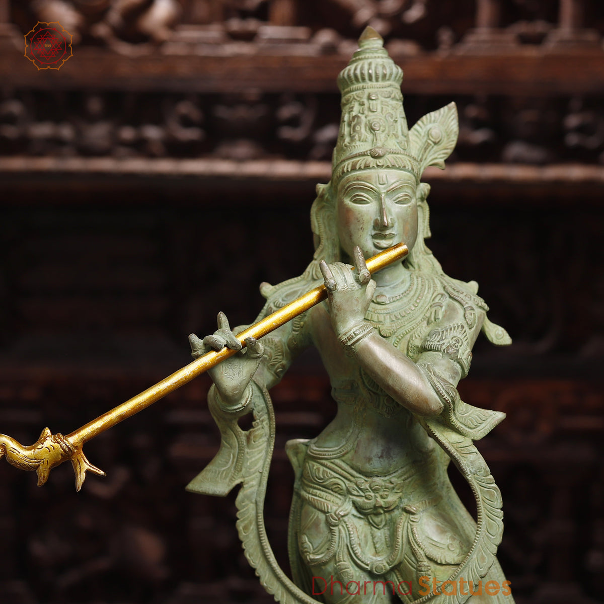 Brass Krishna Playing Flute, Antique Green Finish, 28.5"