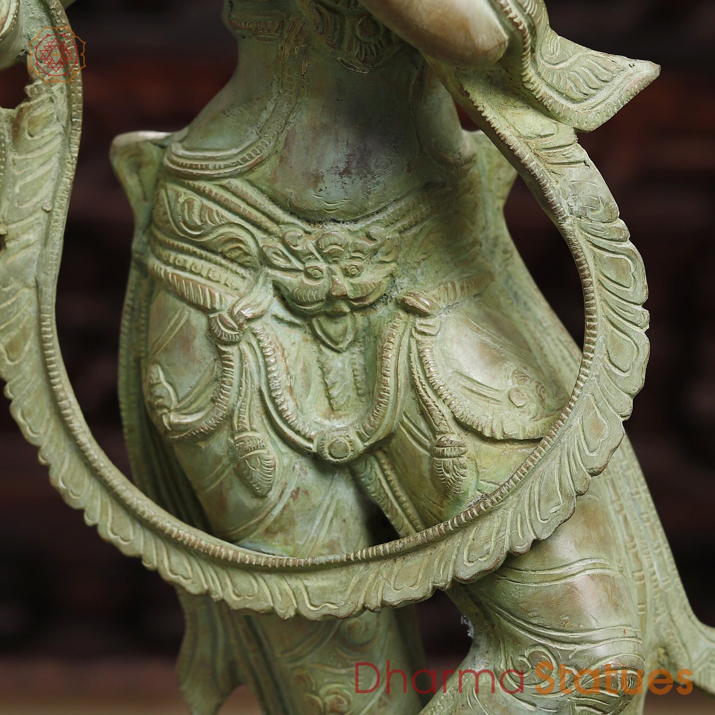 Brass Krishna Playing Flute, Antique Green Finish, 28.5"