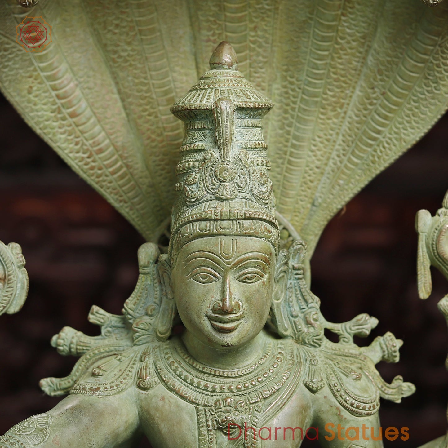Brass  Maha Abhishekam Vishnu Seated On Snake Throne, Antique Green Finish, 29"