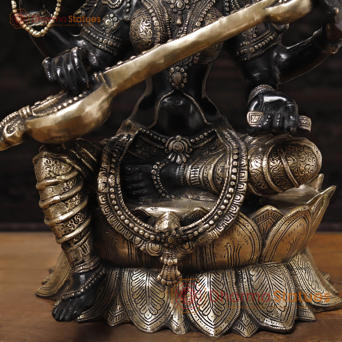 Brass Saraswati Idol, Seated on a Lotus Flower, Black Patina with Golden Finish, 27"
