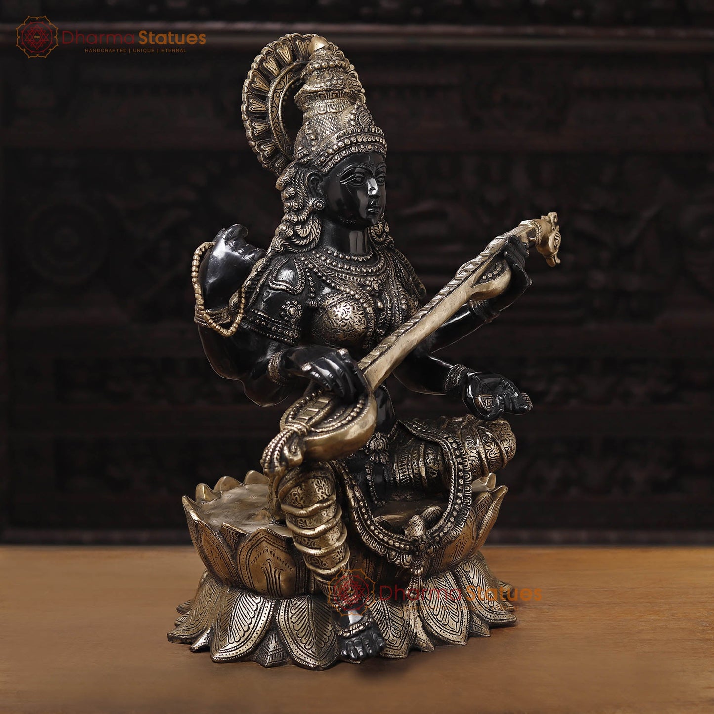 Brass Saraswati Idol, Seated on a Lotus Flower, Black Patina with Golden Finish, 27"