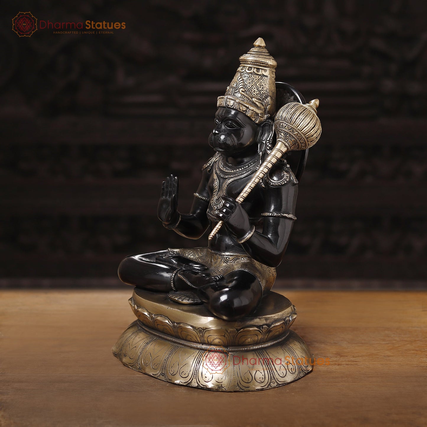 Brass Hanuman Statue Sitting on Lotus - Elegant Black &Golden Finish 16"