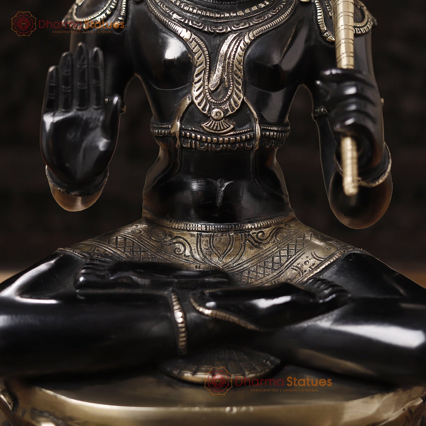 Brass Hanuman Statue Sitting on Lotus - Elegant Black &Golden Finish 16"