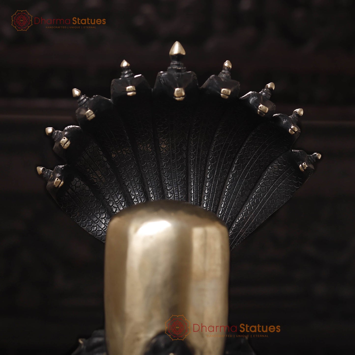 Brass Shiv Lingam Idol with Vasuki and Shiva's Face, Divine Triad, Black Patina, 25"