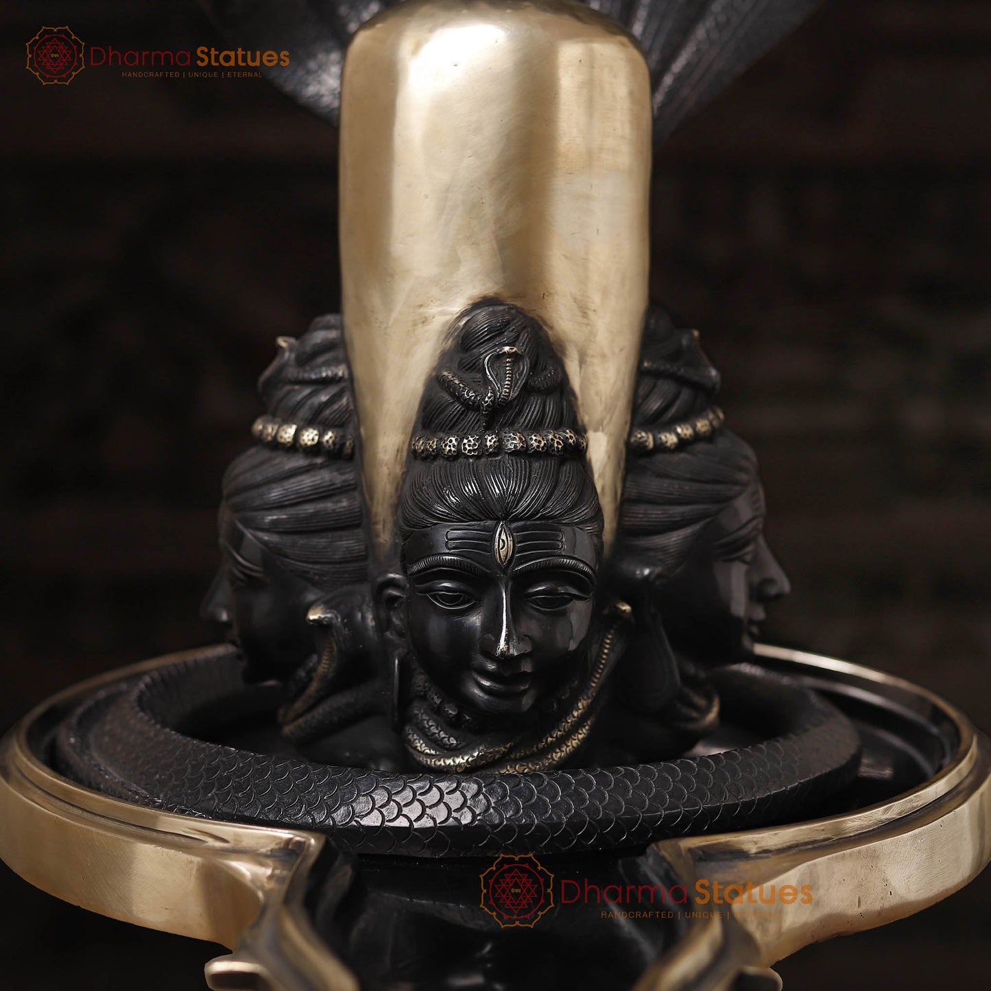 Brass Shiv Lingam Idol with Vasuki and Shiva's Face, Divine Triad, Black Patina, 25"