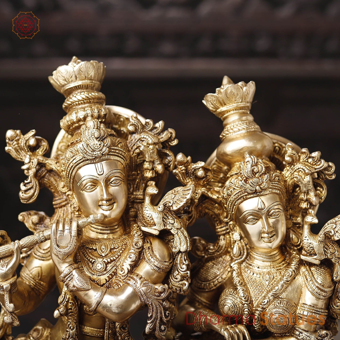 Brass Radha Krishna Idol with Cow, Playing Flute, Golden Finish with Copper Accents, 28"
