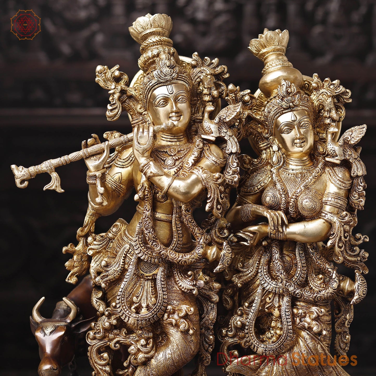 Brass Radha Krishna Idol with Cow, Playing Flute, Golden Finish with Copper Accents, 28"
