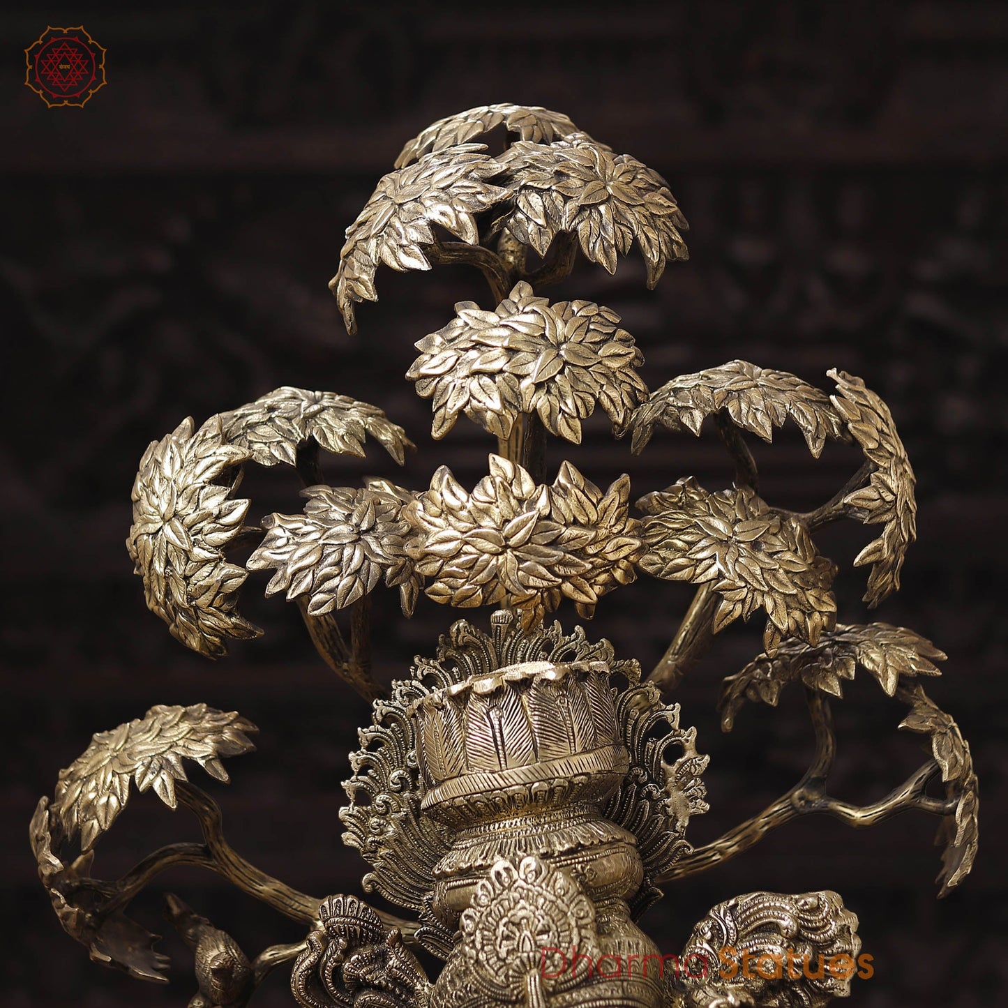 Brass Krishna Statue Standing Under Tree, Golden & Black Patina Finish, 56.5"