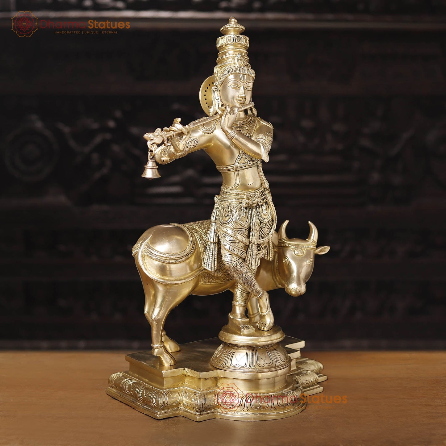 Brass Lord Krishna Statue with Cow, Golden Finish, 26"