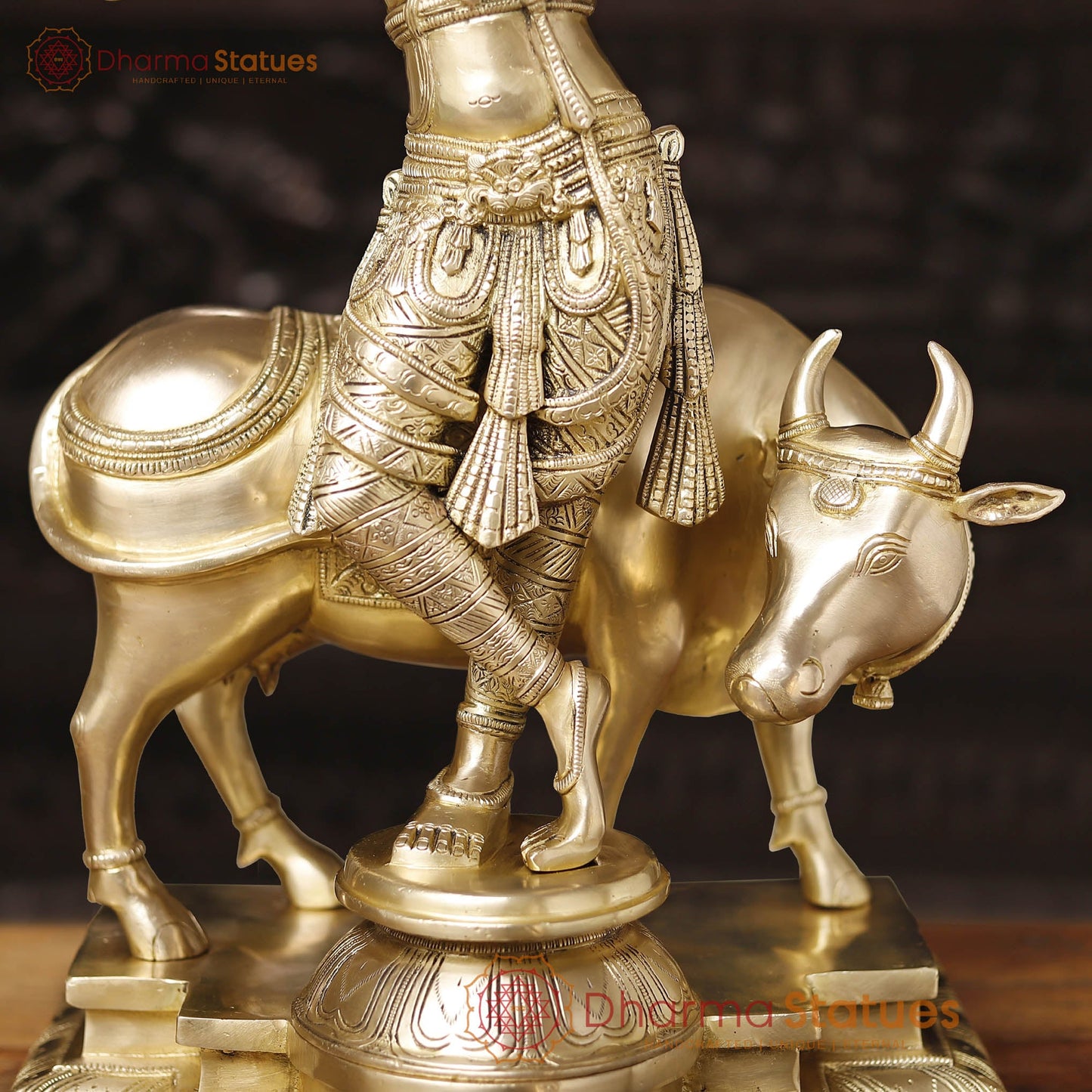 Brass Lord Krishna Statue with Cow, Golden Finish, 26"