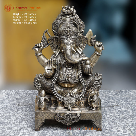 Brass Ganesh seated in Blessing Posture, Fine Golden Finish 35"