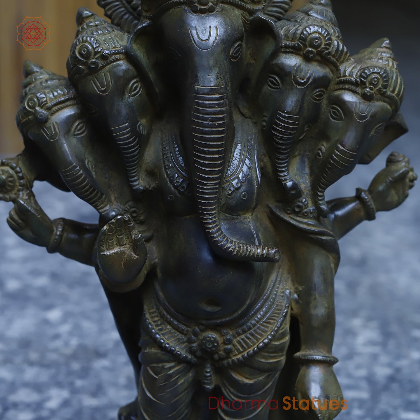 Brass Panchmukhi Ganesh, Antique Green Finish, 19"