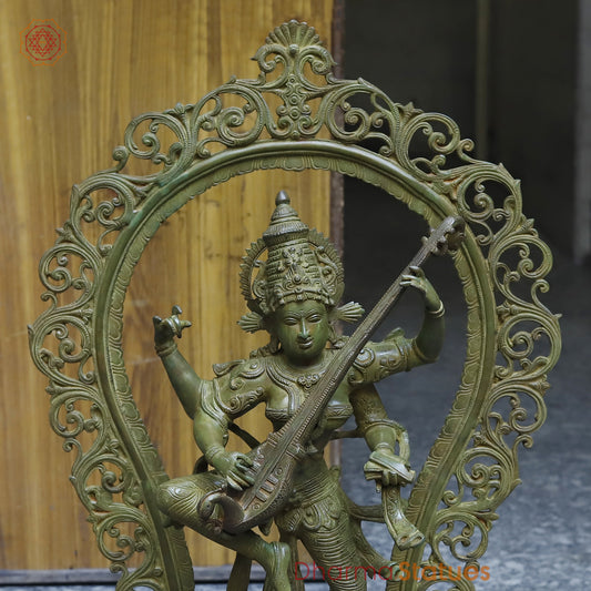 Brass Saraswati in Dancing posture with Frame, Antique Green Finish, 32"