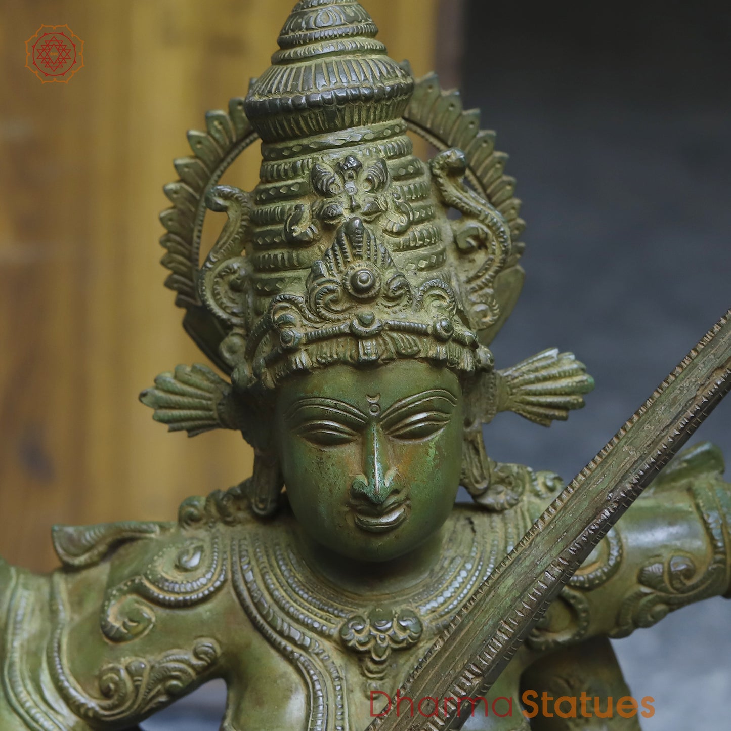 Brass Dancing Saraswati with Frame, Antique Green Finish, 32"