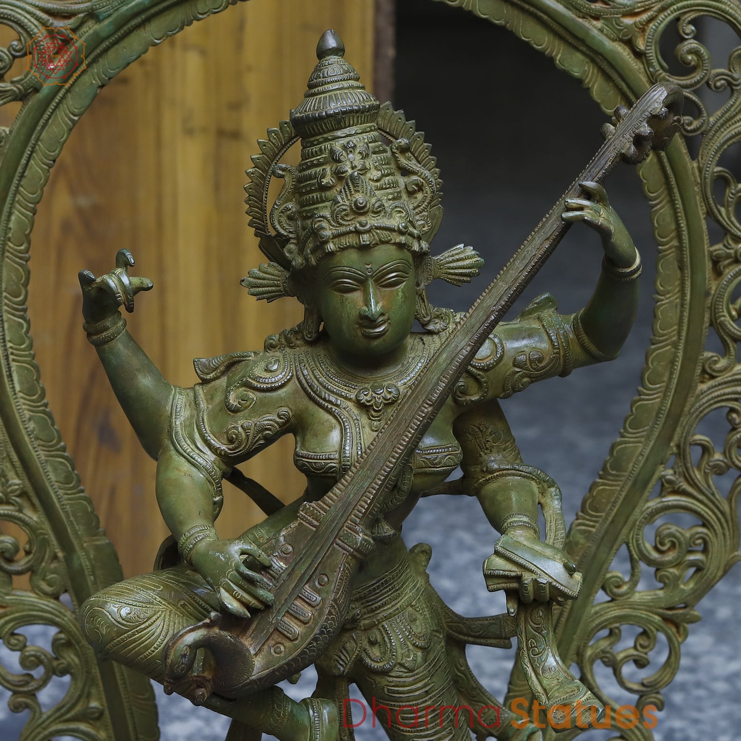 Brass Dancing Saraswati with Frame, Antique Green Finish, 32"
