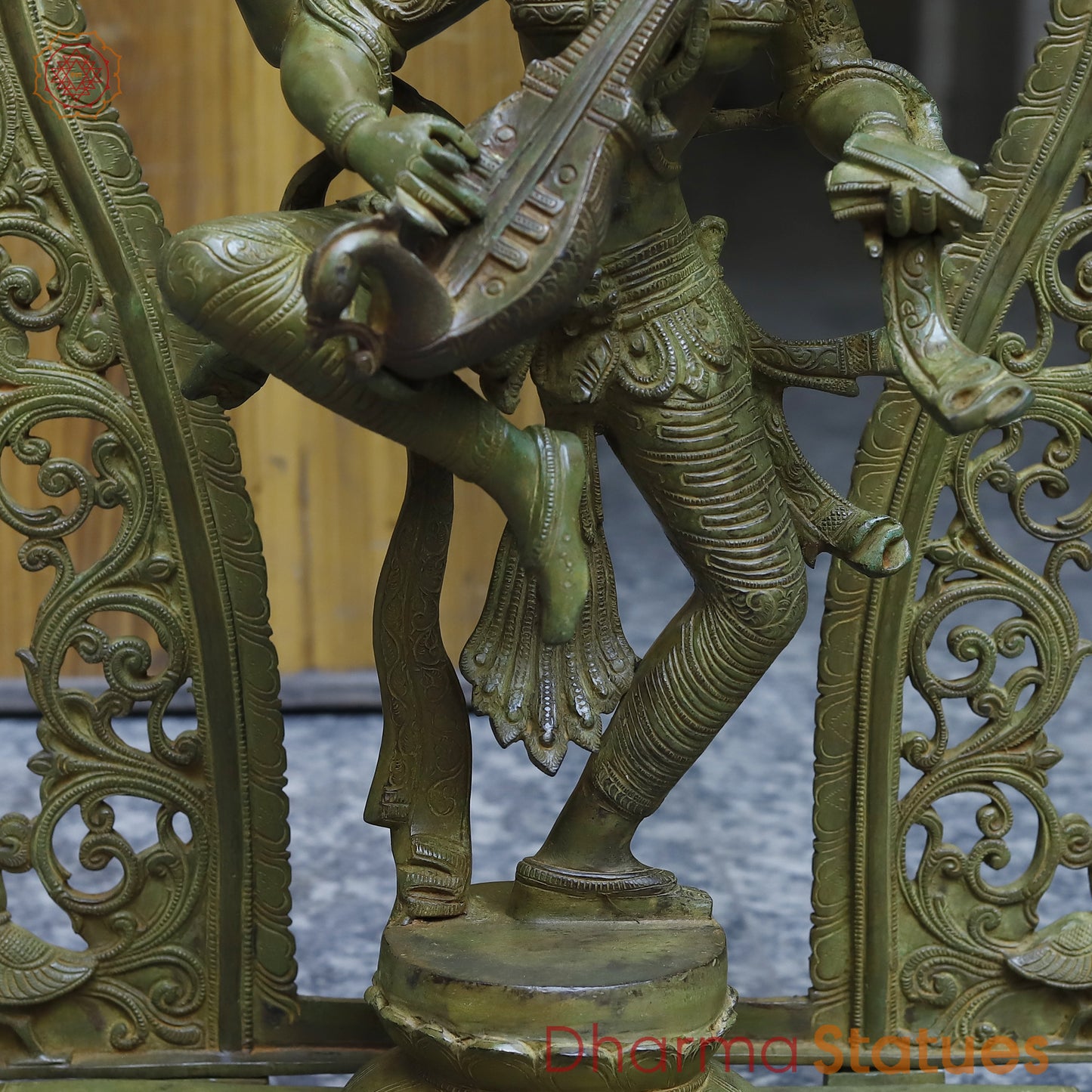 Brass Dancing Saraswati with Frame, Antique Green Finish, 32"