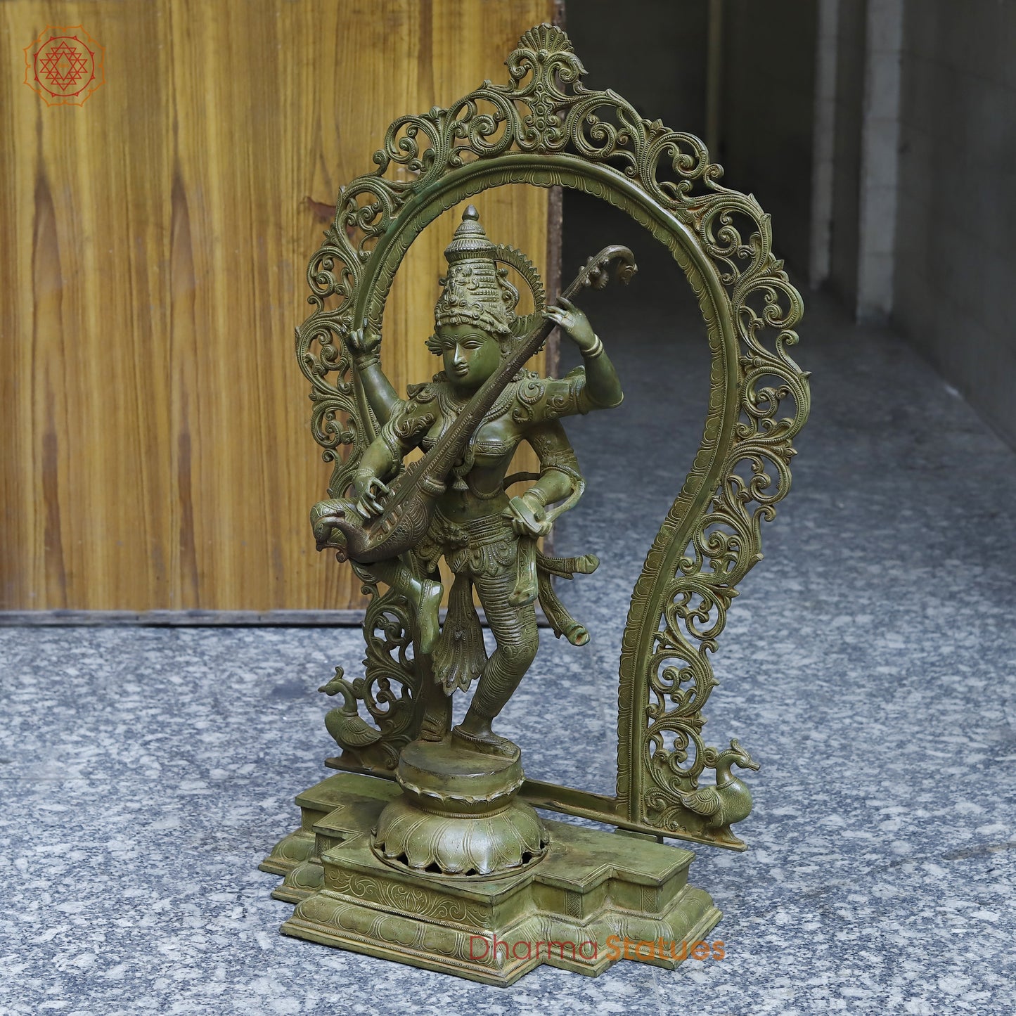 Brass Dancing Saraswati with Frame, Antique Green Finish, 32"